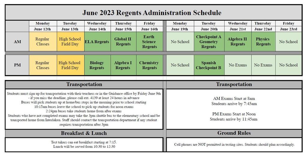 June 2023 Regents Schedule